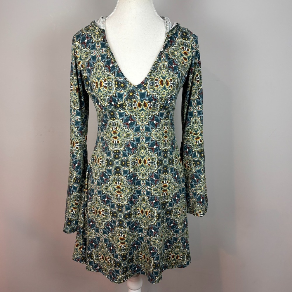 Earthbound Trading Co. Womens Boho Floral Hooded Bell Sleeve Stretch Dress sz S